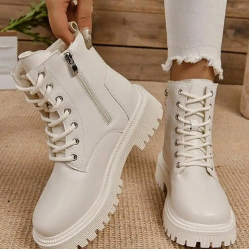 Xajzpa Thick Warm Long Plush Ankle Boots for Women Winter Lace Up Pu Leather Motorcycle Boots Woman Plus Size Short Booties Shoes